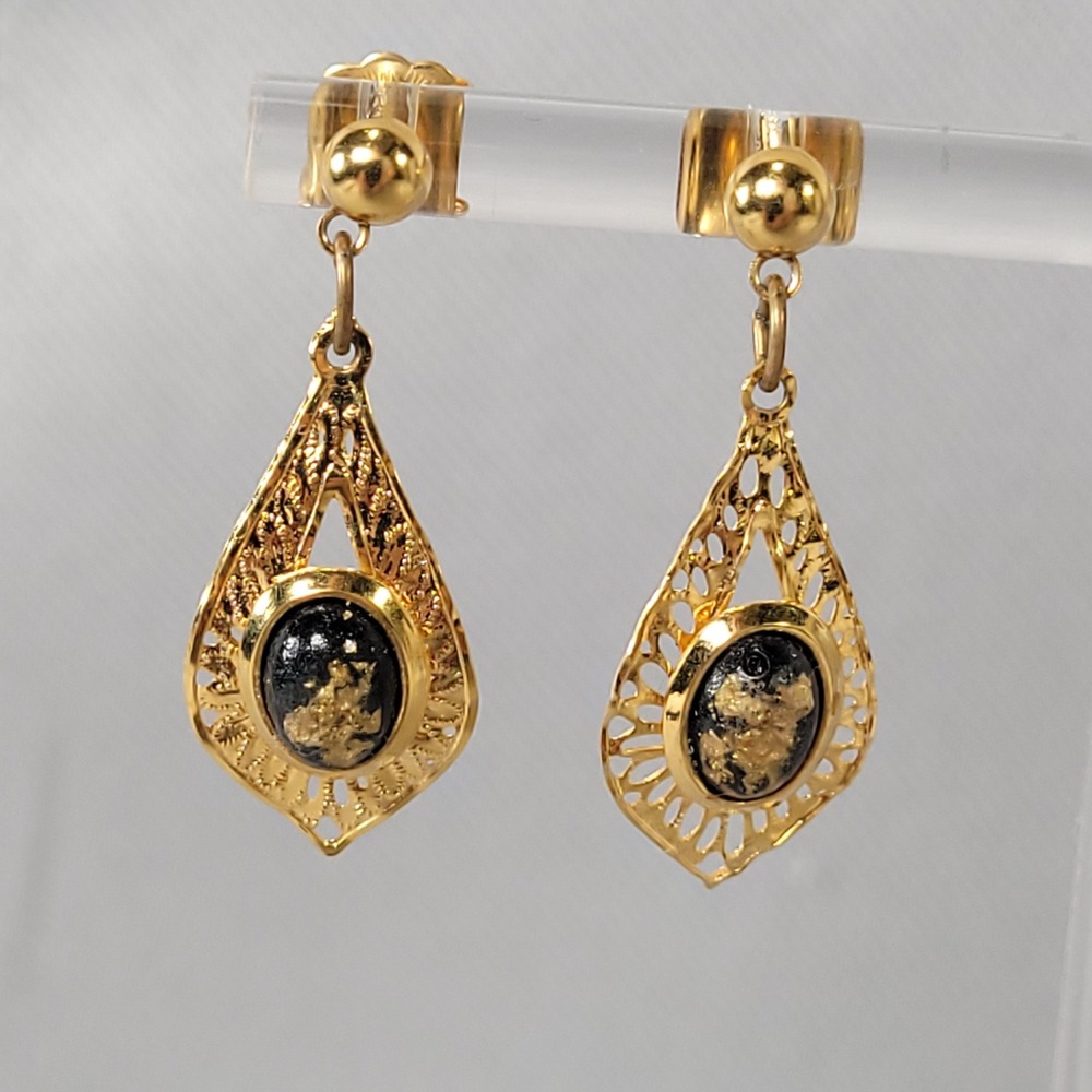 Vintage Gold Tone Filigree Dangle Earrings Black Gold Flake Stone Teardrop Drop